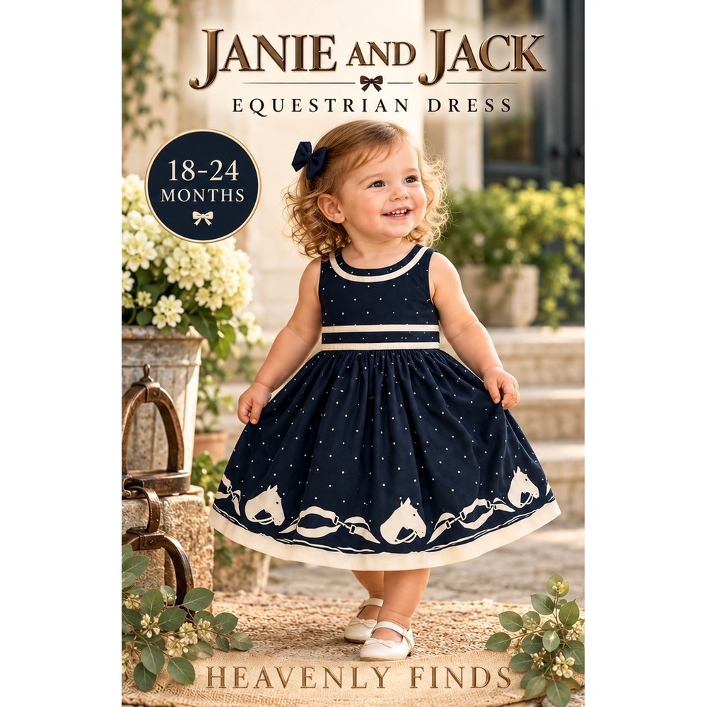 Janie and Jack 18-24M Toddler Equestrian Horse Print Tulle Dress Navy Polka Dot